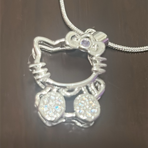 Hello Kitty Silver Plated Crystal Pendant Necklace 18" Chain Light Purple Bow - Picture 3 of 12